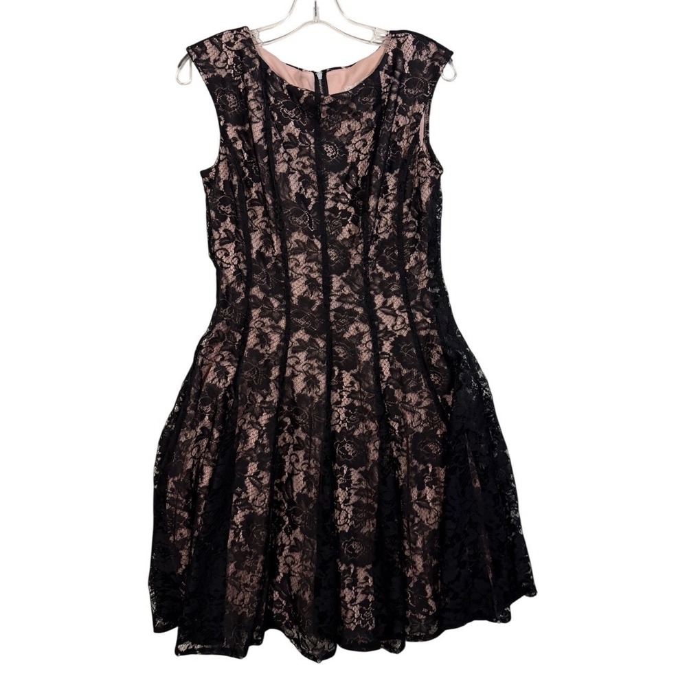 Women's Dress, Size 10, Black Floral Lace Fit and Flare Dress Pink Lining